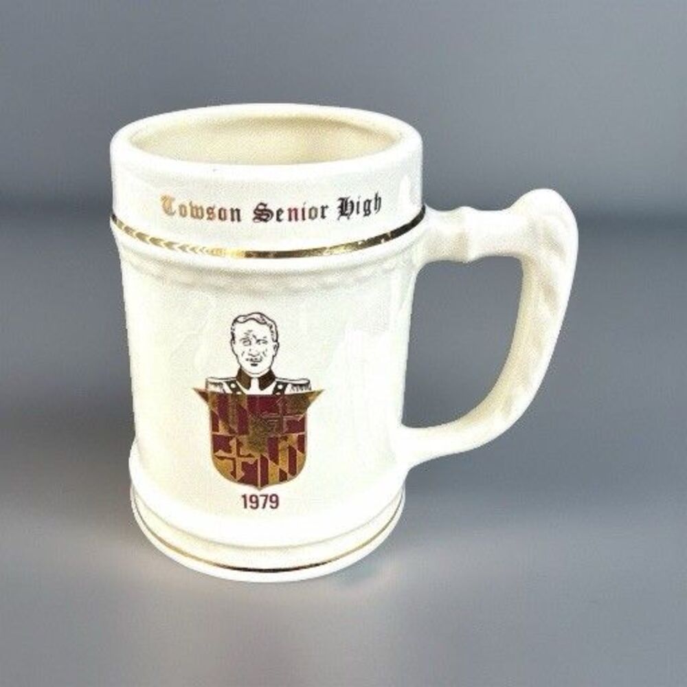 Vintage Towson Senior High 1979 Ceramic Mug Cup, White School Crest Souvenir.